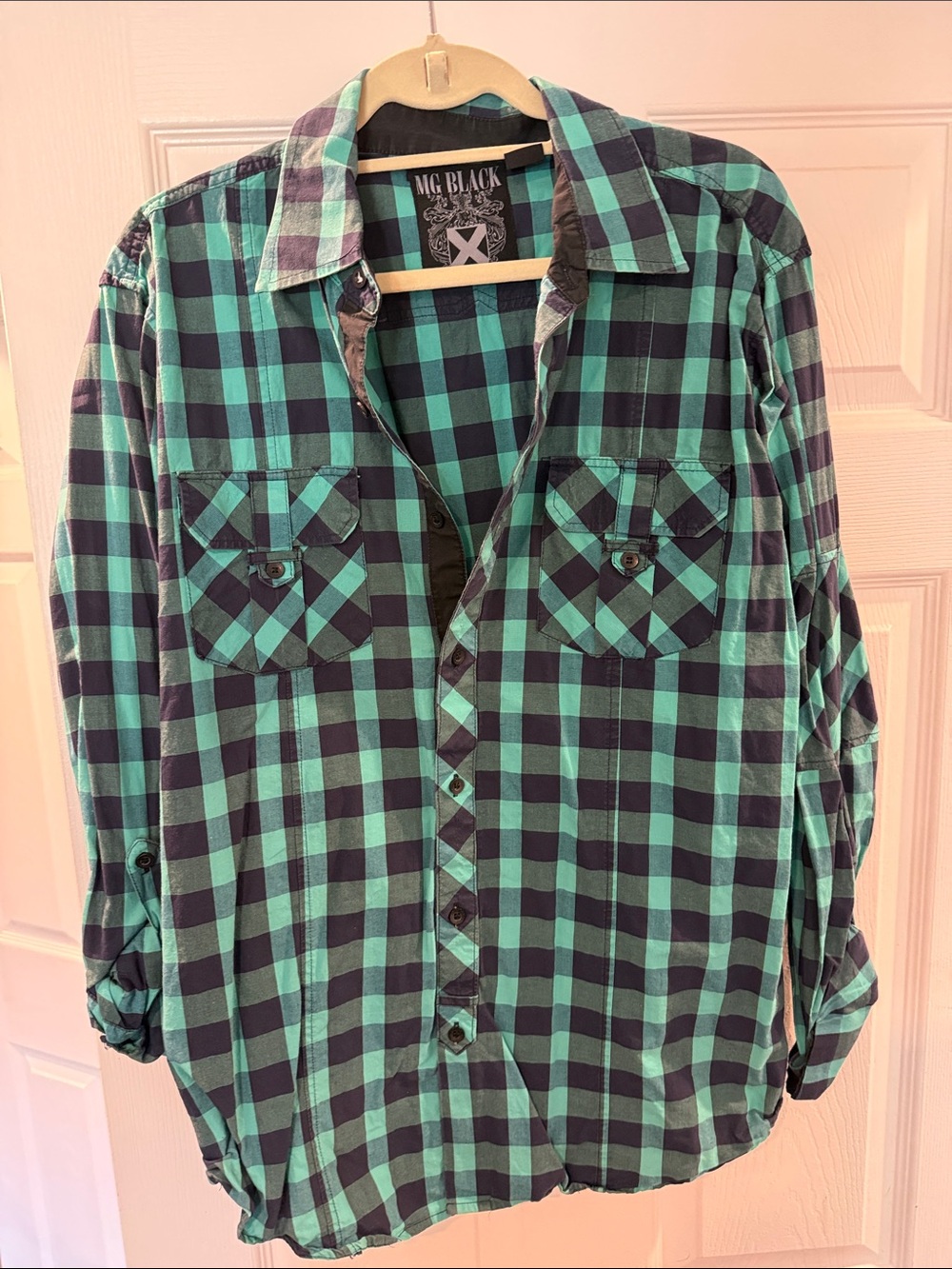 MG Black XXL Men's Green and Black Plaid Button-Up Shirt